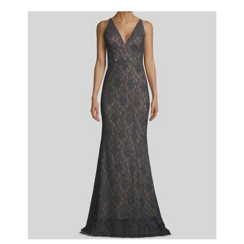 Betsy & Adam Womens Gray Glitter Lace Evening Gown